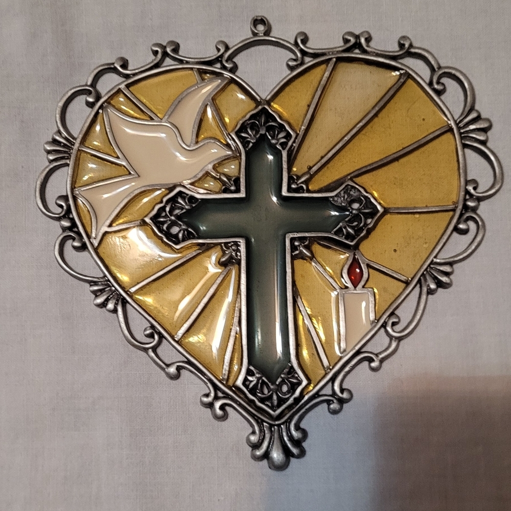 Stained Glass Heart with Cross and Dove